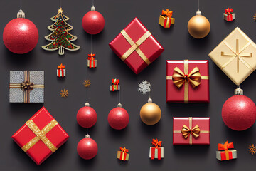 Christmas presents top view. Xmas decoration gift box, balls, snowflakes. Flat lay