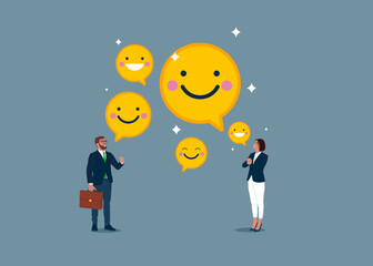 Happy businessman and woman holding smiling face symbol. Work motivation. Employee happiness, job satisfaction, company benefit, positive attitude.