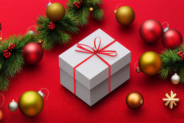 Fototapeta na wymiar Christmas present composition. Xmas gift box with decorations tree, balls. Flat lay, top view