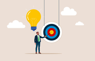 Manager pointing at center of bullseye archery target. Specific goal, concentrate on purpose to win business mission, aiming at target. Flat vector illustration. 