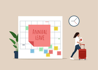 Happy girl running with luggage from calendar with annual leave note. Annual leave or day off to rest from hard work, schedule reminder of annual leave. Flat modern vector illustration.