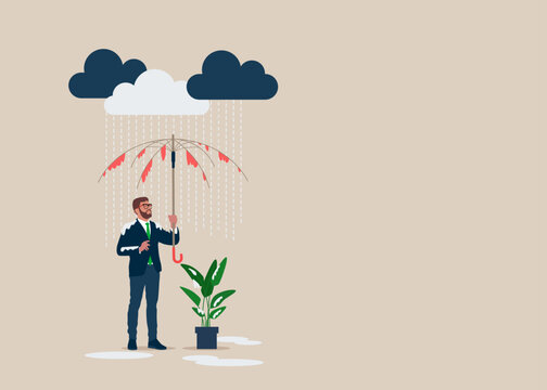 Frustrated  Businessman With Broken Useless Umbrella In The Rain. Disappointment, Mistake Or Difficulty, Problems. Flat Vector Illustration. 