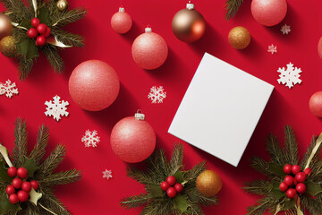 Fototapeta na wymiar Xmas gift box with decorations tree, balls. Flat lay, top view. Christmas present illustration