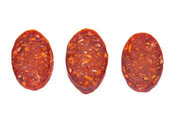 Salami sausage slices isolated on white background. - obrazy, fototapety, plakaty