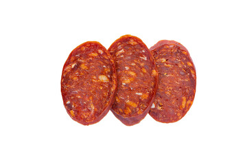 Fototapeta premium Salami sausage slices isolated on white background.