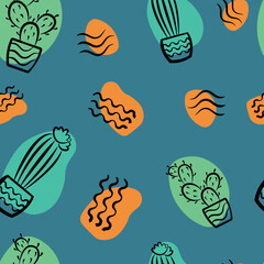 Seamless pattern with potted cacti and abstract patterns. Beautiful vector texture. Great for fabric, clothing, wallpaper and notepads.