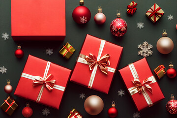 Merry christmas presents top view. Xmas decoration gift box, snowflakes, balls. Flat lay