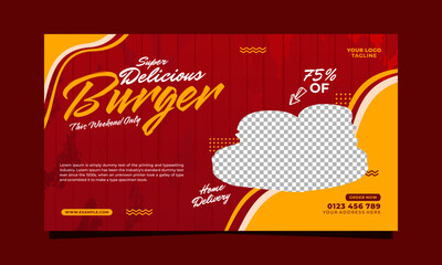 Super delicious burger ad banner or poster template