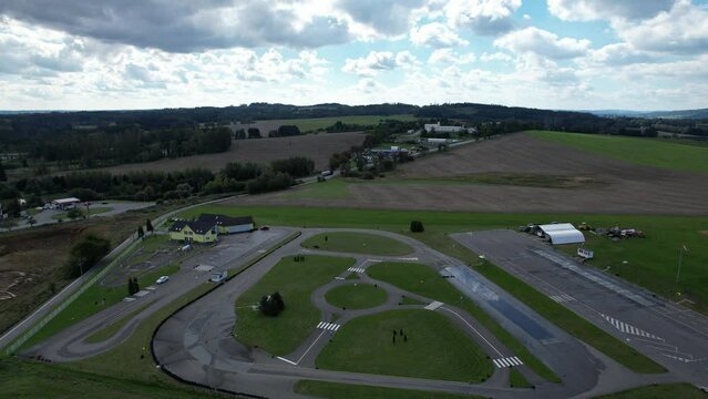Jihlava aerial view of driving safety polygon and emergency maneuvering test track near Jihlava used for driver training and traffic simulations