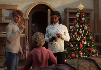 Multiracial couple and son conversing at Christmas indoors