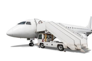 White passenger jet plane with aircraft steps isolated on transparent background