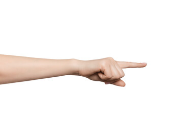 Woman's hand pointing to the side with index finger.