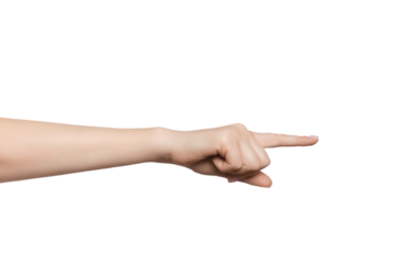 Woman's hand pointing to the side with index finger.
