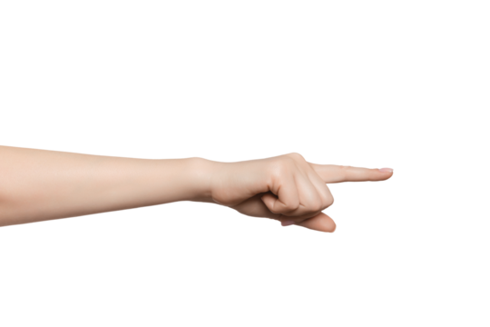 Woman's hand pointing to the side with index finger.