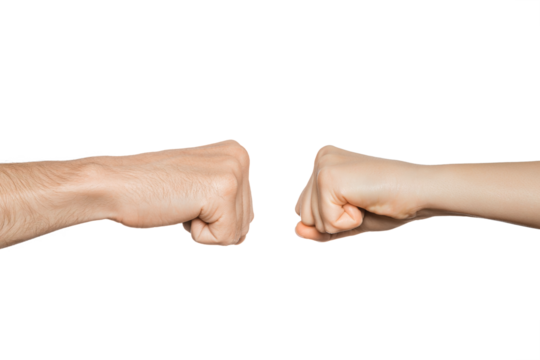 Man's and woman's fists near each other, about to fist bump. Fight, clash, conflict concept.