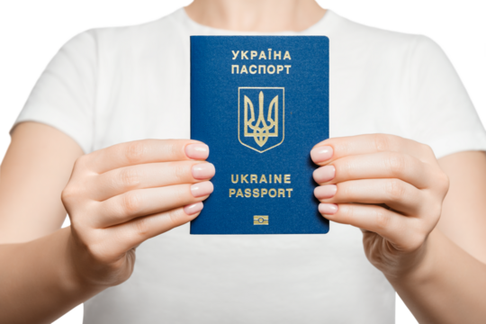 Unrecognizable woman holding Ukraine passport with both hands in front of her chest. - Powered by Adobe