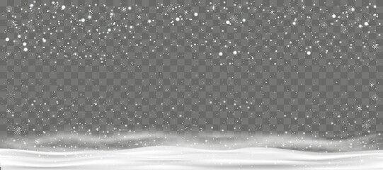 Winter background with snow falling on transparent background, Vector  Christmas banner with snowflakes in different shapes on snowdrifts.Holiday backdrop for Merry Christmas and Happy New Year 2023 - obrazy, fototapety, plakaty