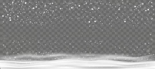 Deurstickers Winterachtergrond met sneeuw die op transparante achtergrond valt, Vectorkerstbanner met sneeuwvlokken in verschillende vormen op sneeuwlaag.Vakantieachtergrond voor prettige kerstdagen en gelukkig nieuwjaar 2023 © Anchalee