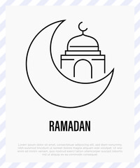 Ramadan thin line icon. Moon with mosque. Islam religion. Vector illustration.