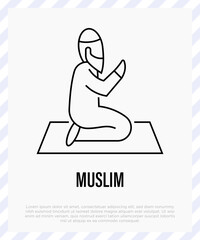 Praying muslim on prayer mat thin line icon. Ramadan. Islam religion. Vector illustration.