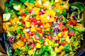 Closeup macro of salad in plate bowl with red leaf lettuce, tomatoes and chopped sliced mango salsa...