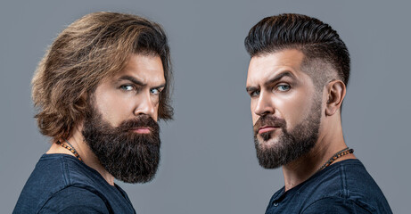 Shaving, hairstyling. Beard, shave before, after. Long beard Hair style hair stylist. Collage man before and after visiting barbershop, different haircut, mustache, beard. Male beauty, comparison - obrazy, fototapety, plakaty