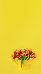 red and yellow tulips in tin can on yellow background, vertical, 16:9