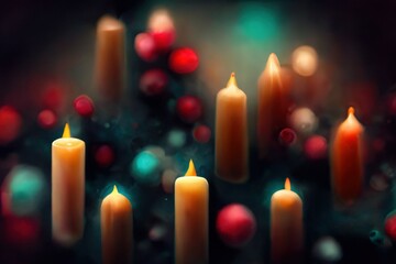 Many burning candles with Christmas warm colors. Dark background.