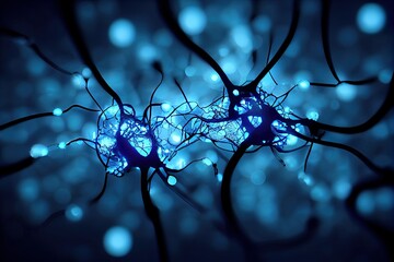 Illustration of dark neural network with shining impulses on dark blue space.