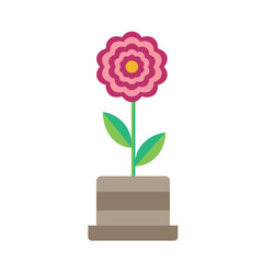 Vector flat pink flower with pot. Cartoon potted plant. Illustration isolated on a white background. For design, printing, stickers, scrapbook, labels. Cute icon. For presentations and advertising.