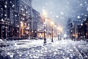 Winter street with lit lamps and with snow on the ground at dusk while snowing.