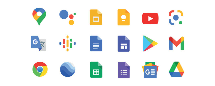 Google applications, products and programs logo on a transparent background. Google icons collections. PNG image.