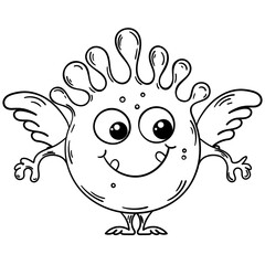 Isolated monster in white with a black outline. Illustration for colouring in. Circular microbe. Vector gremlin.