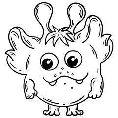 Monster in white with a black outline. Cute yeti. Illustration for colouring in. Circular microbe. Vector gremlin. 
