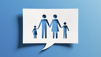 Family with children concept for parenting, living together, education, childcare, social protection and insurance. Wife, husband, son, daughter symbols. Paper cutout on blue background.
