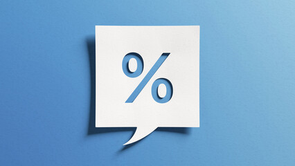 Percent sign for finance, return on investment (ROI), credit, mortgage, banking, tax, marketing, discount or promotion concepts. Percentage symbol. White cutout paper on blue background.