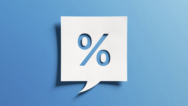 Percent sign for finance, return on investment (ROI), credit, mortgage, banking, tax, marketing, discount or promotion concepts. Percentage symbol. White cutout paper on blue background.