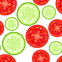 Tomato and cucumber slices seamless pattern. Fresh vegetables background. Vector flat cartoon illustration of healthy food.