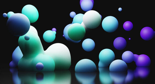 3d Abstract image of blur and green and purple blobs floating in space