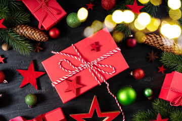 Christmas flat lay scene with golden decorations