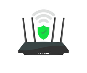Wireless router concept, security, business communication social network concept logo design. Black wireless  wi-fi router with black antennae. Technology wifi button vector design and illustration.

