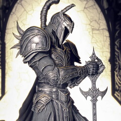 Obraz premium armored gothic fantasy knight in a dramatic pose, wearing an iron helmet in a dramatic location with studio lights 3D illustration
