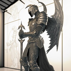 armored gothic fantasy knight in a dramatic pose, wearing an iron helmet in a dramatic location with studio lights 3D illustration