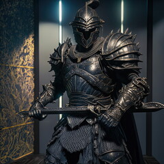 armored gothic fantasy knight in a dramatic pose, wearing an iron helmet in a dramatic location with studio lights 3D illustration