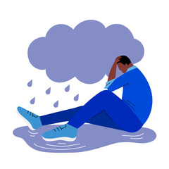 Man in depression. Unhappy crying man. African American sad sitting man. Cloud, rain and human