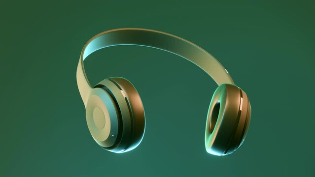 Gray and green background. Design.The concept of new gadgets.Wireless headphones rotate around themselves in animation.