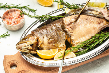 baked fish with lemon herbs and spices, Food recipe background. Close up