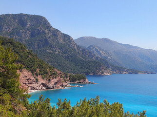 Fototapeta na wymiar Gorgeous view from the hill at a beautiful bay at Kabak in Turkey