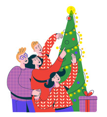 Naklejka premium Family elebrating winter holidays. Men, women and children decorating Christmas tree. Merry Christmas and Happy New Year. Vector illustration for greeting card, banner, poster.