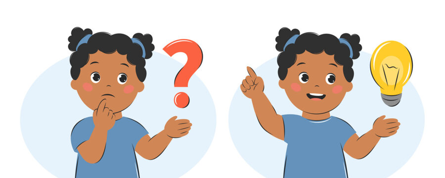 Child question. Kid girl ask question and found answe. Vector illustration